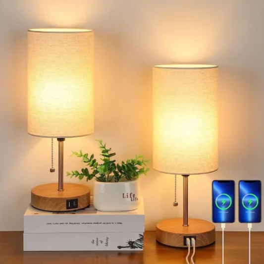 Moderne Nachttischlampe mit USB-Ladefunktion – LED Tischlampe mit Stoffschirm für Schlafzimmer & Wohnzimmer