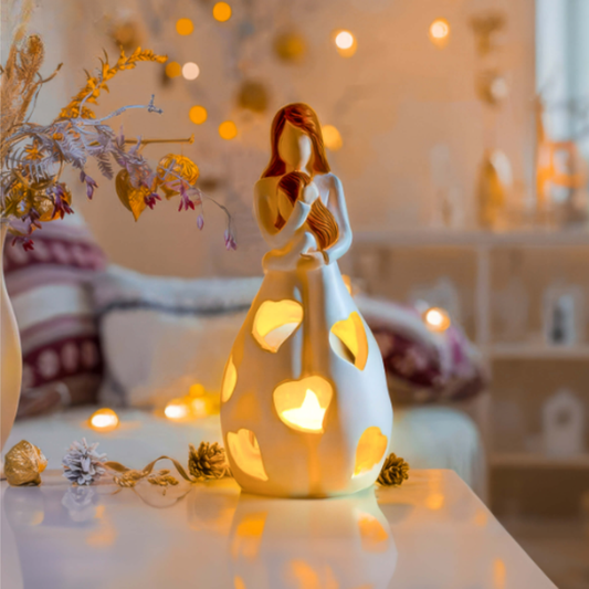 LED Deko Lampe aus Keramik – Herz Lichtfigur Mutter & Kind | Stimmungslicht & Geschenkidee