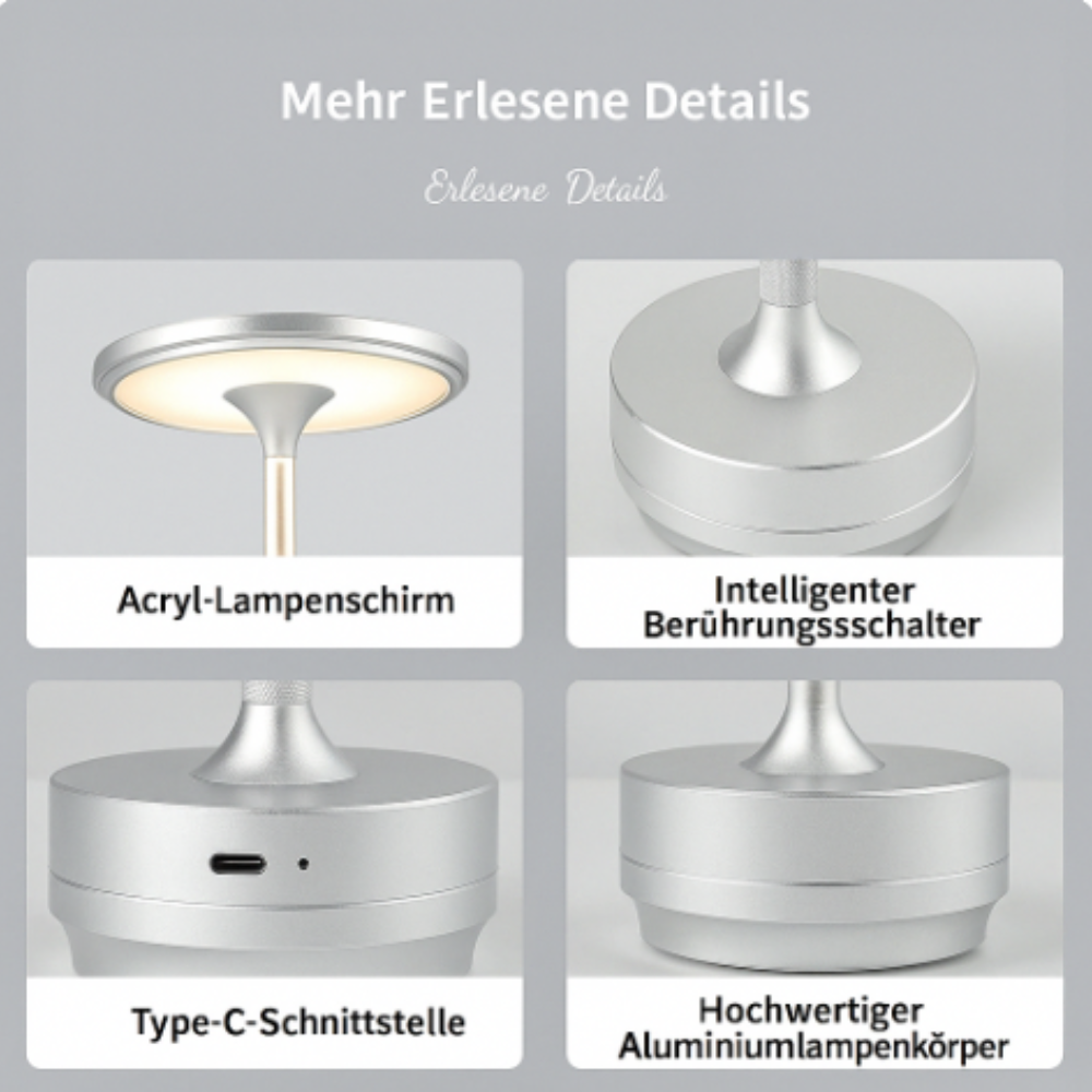 Kabellose LED Tischlampe mit Akku – Tragbare Designlampe mit Touch-Dimmer und USB-C fürs Wohnzimmer & Schlafzimmer