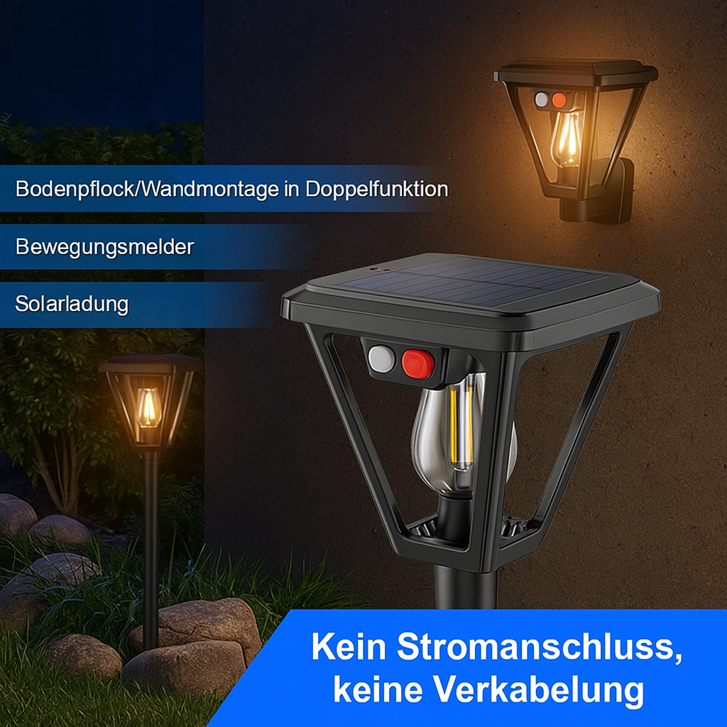 Solar LED Außenleuchte mit Bewegungsmelder – Wasserdichte Gartenlampe mit Erdspieß & Wandhalterung, Solar Wandleuchte für Garten, Weg & Terrasse