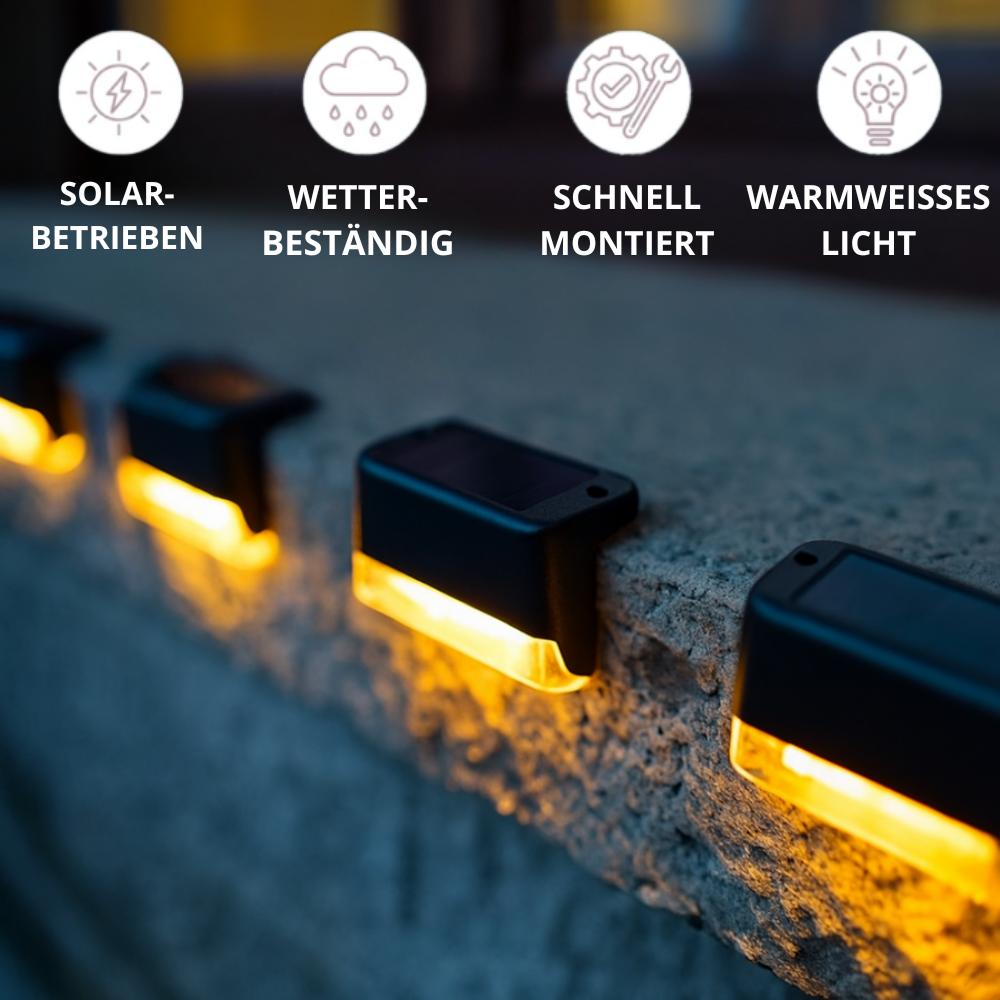 NooraLite | Solar LED Stufenlicht Außen – Treppenbeleuchtung Solar Warmweiß / Kaltweiß – Wetterfeste Garten & Wegbeleuchtung ohne Kabel