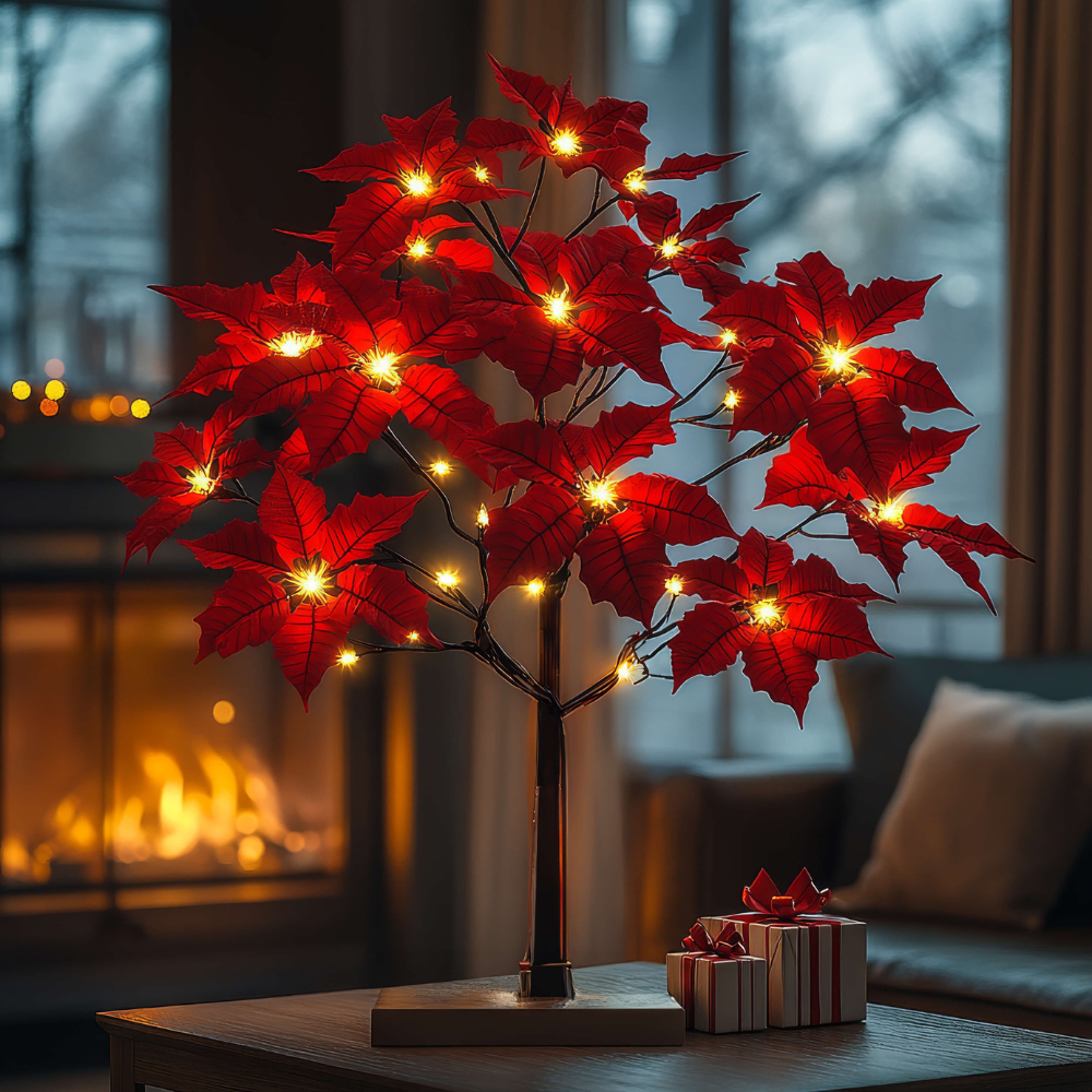 LED Weihnachtsstern Deko Lampe – Beleuchteter Poinsettia Deko-Baum für Weihnachten | Warmweißes Licht als Tischlampe & Weihnachtsdeko