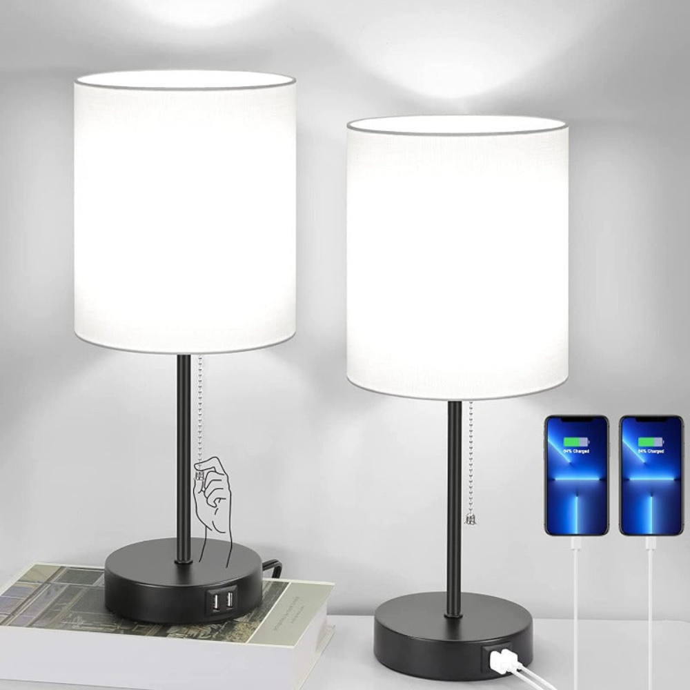 Moderne Nachttischlampe mit USB-Ladefunktion – LED Tischlampe mit Stoffschirm für Schlafzimmer & Wohnzimmer