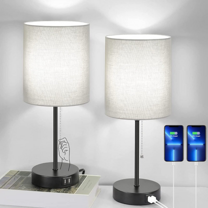 Moderne Nachttischlampe mit USB-Ladefunktion – LED Tischlampe mit Stoffschirm für Schlafzimmer & Wohnzimmer