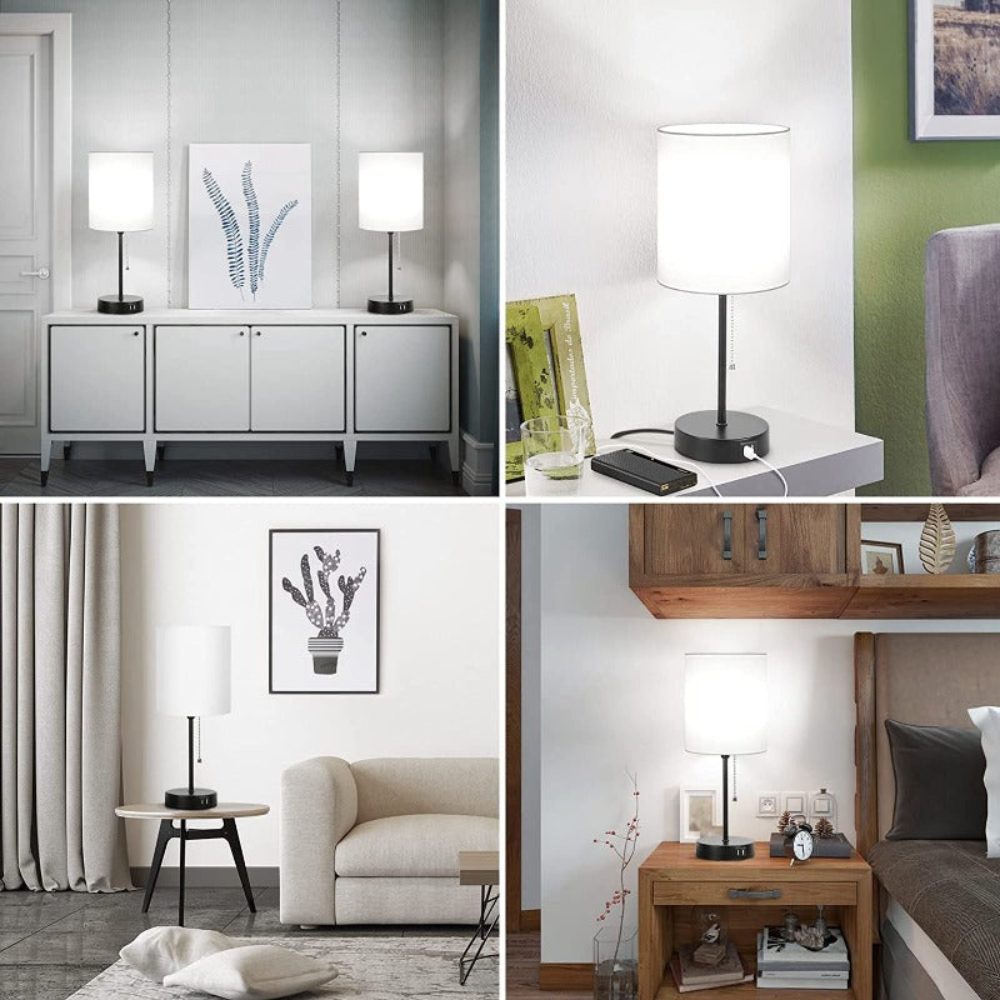 Moderne Nachttischlampe mit USB-Ladefunktion – LED Tischlampe mit Stoffschirm für Schlafzimmer & Wohnzimmer