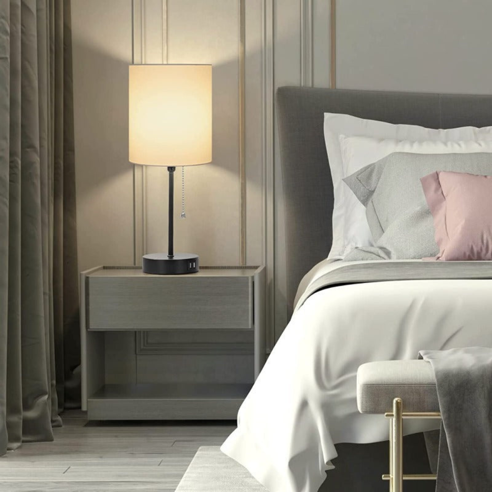 Moderne Nachttischlampe mit USB-Ladefunktion – LED Tischlampe mit Stoffschirm für Schlafzimmer & Wohnzimmer