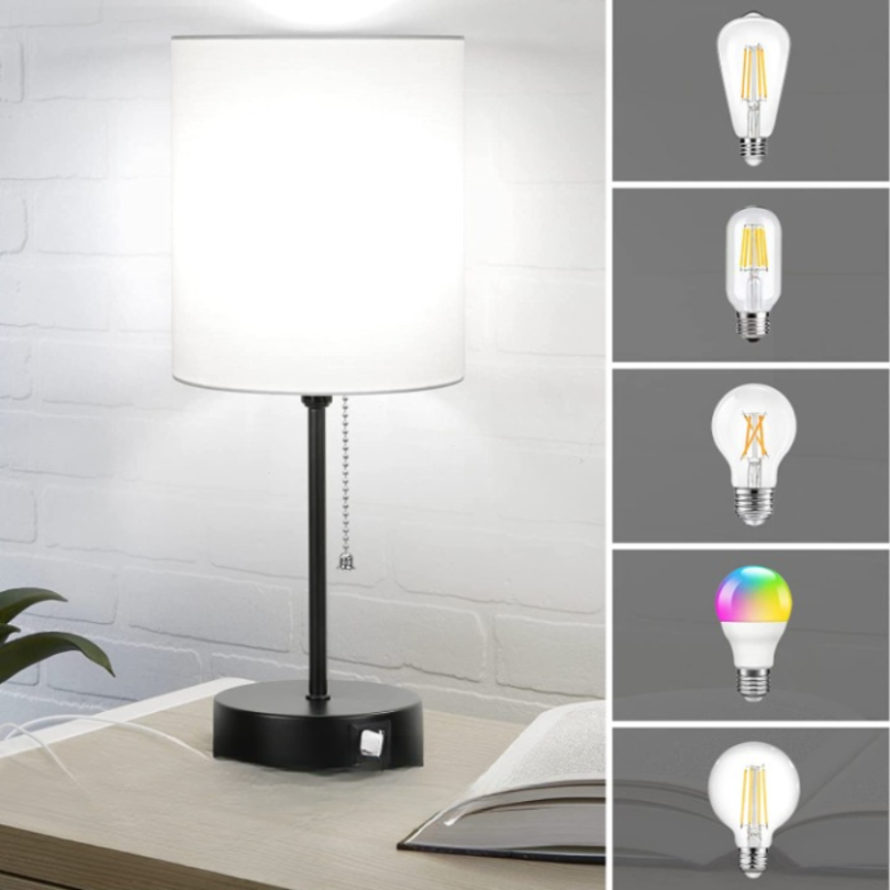 Moderne Nachttischlampe mit USB-Ladefunktion – LED Tischlampe mit Stoffschirm für Schlafzimmer & Wohnzimmer