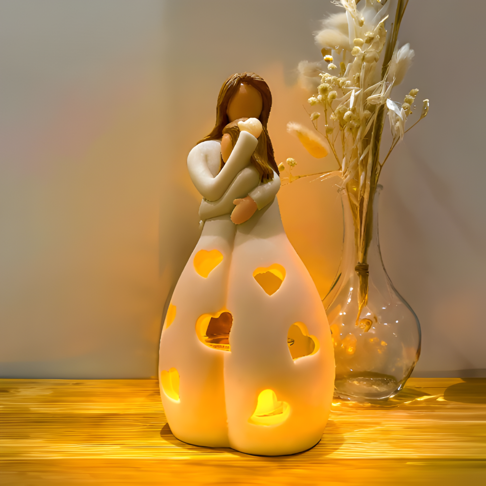 LED Deko Lampe aus Keramik – Herz Lichtfigur Mutter & Kind | Stimmungslicht & Geschenkidee