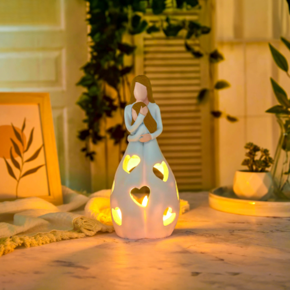 LED Deko Lampe aus Keramik – Herz Lichtfigur Mutter & Kind | Stimmungslicht & Geschenkidee