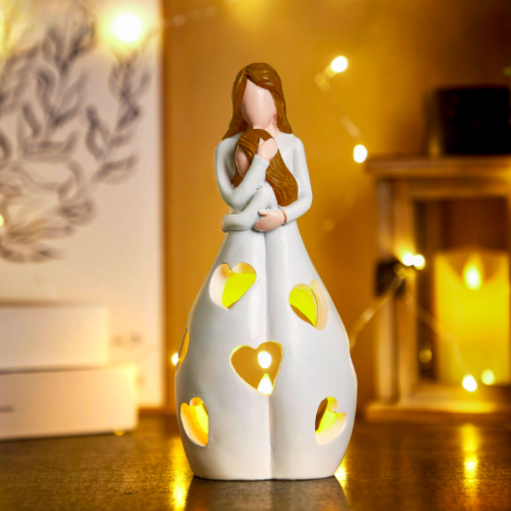 LED Deko Lampe aus Keramik – Herz Lichtfigur Mutter & Kind | Stimmungslicht & Geschenkidee