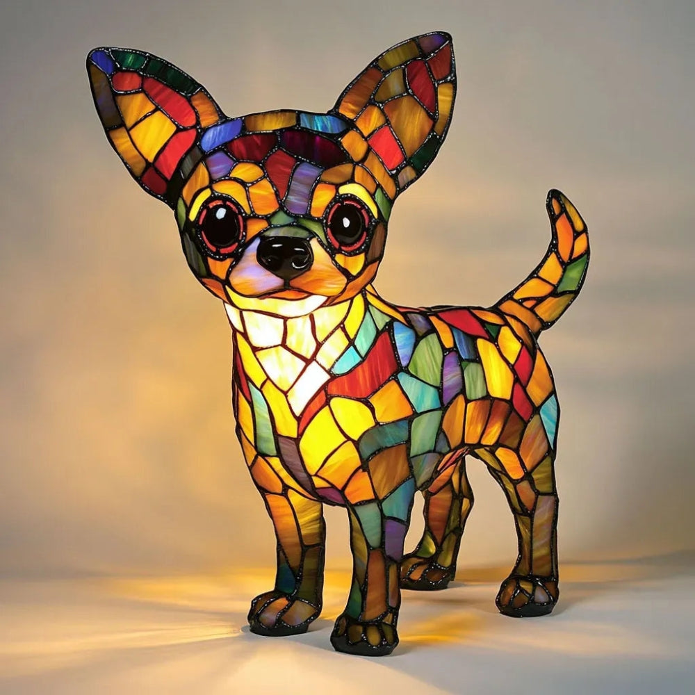 Tiffany Hund Lampe – Tischlampe aus Buntglas | LED Dekolampe für Wohnzimmer & Geschenkidee