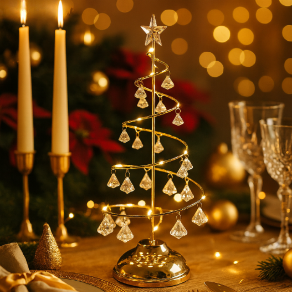 LED Weihnachtsbaum Deko – Warmweißes Licht, Kristall-Anhänger & Tischdekoration für Weihnachten