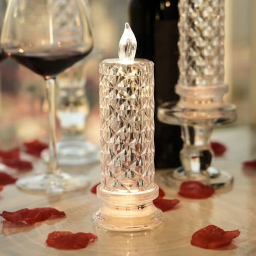 Flammenlose LED Kerze „Crystal Pillar“ – Batteriebetrieben & Warmweiß, Dekokerze 18 cm mit Realistischem Flackern