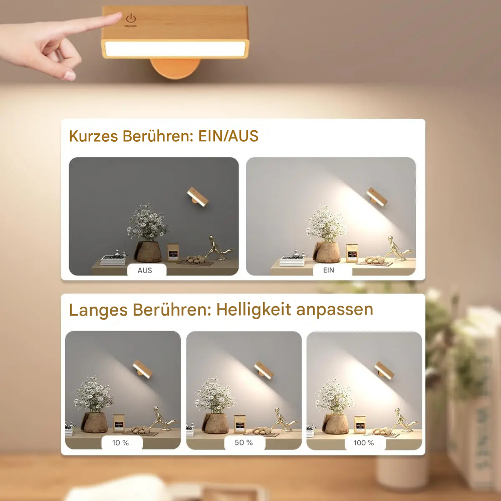 Kabellose LED Wandleuchte aus Holz – Magnetisch & USB Wiederaufladbar | Warmweiß Innenlicht
