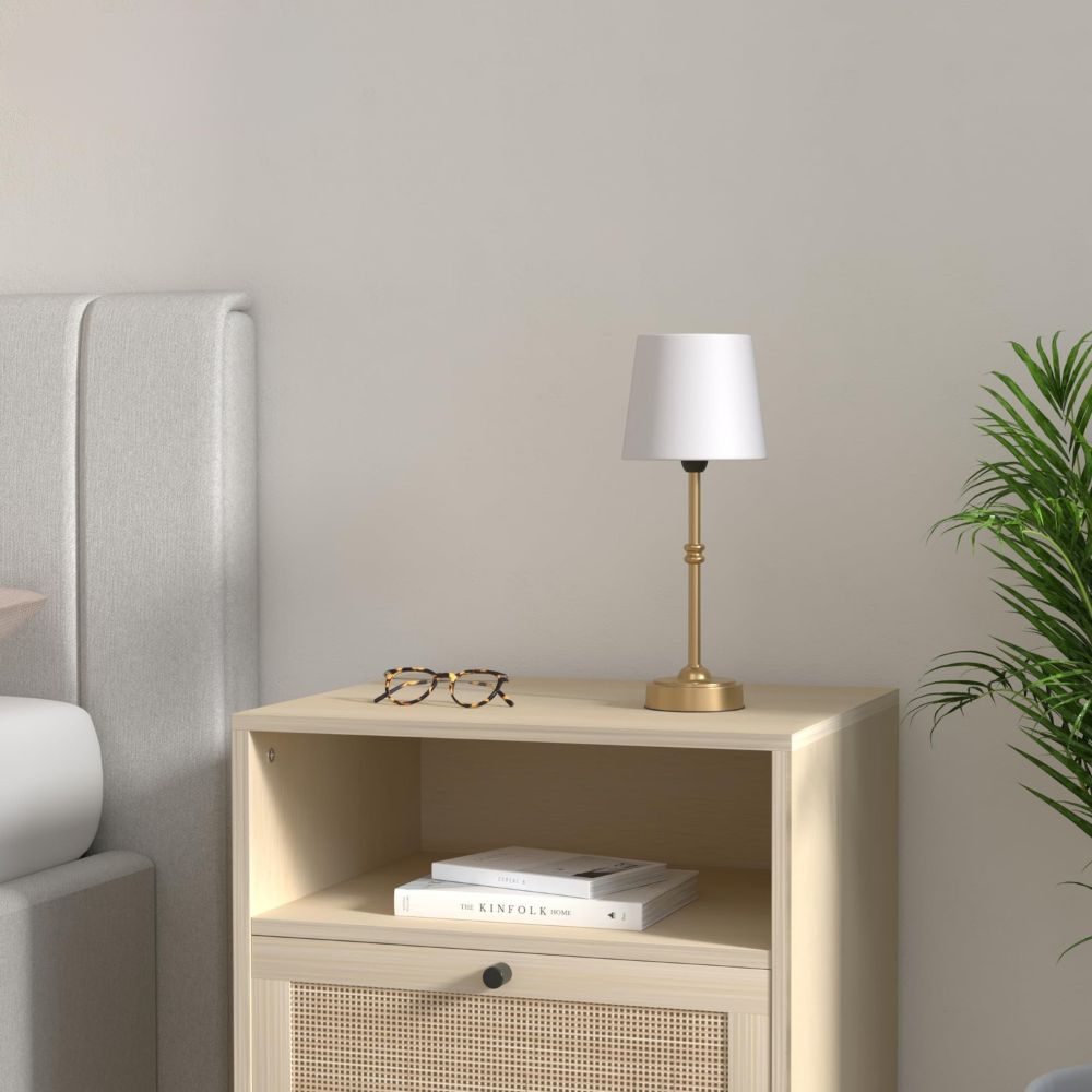 Metall Tischlampe mit Stoffschirm – LED Nachttischlampe modern, warmweiß, Tischleuchte für Schlafzimmer & Wohnzimmer, stilvolle Dekolampe