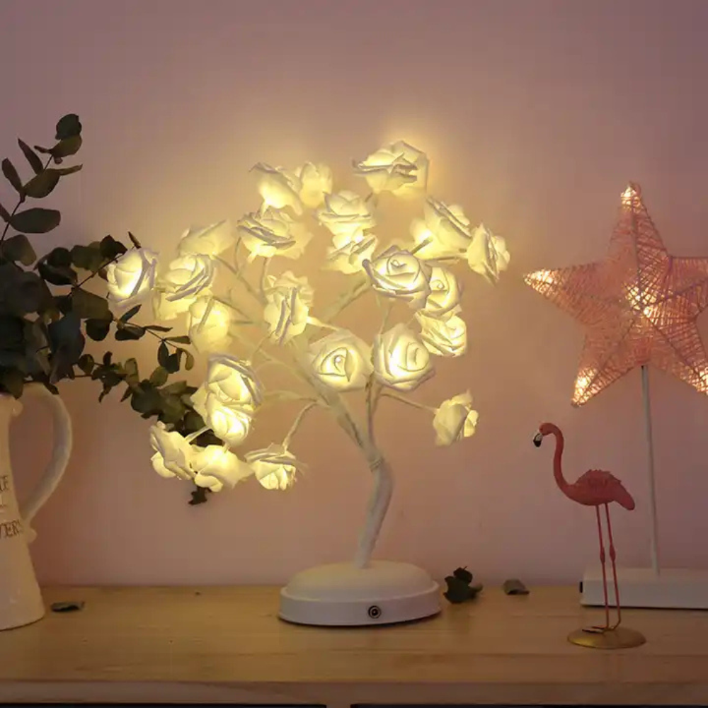 LED Rosenbaum Tischlampe – Romantische Deko Lampe für Wohnzimmer/Schlafzimmer | Warmweiß & Rosa | Stimmungslicht & Nachtlicht