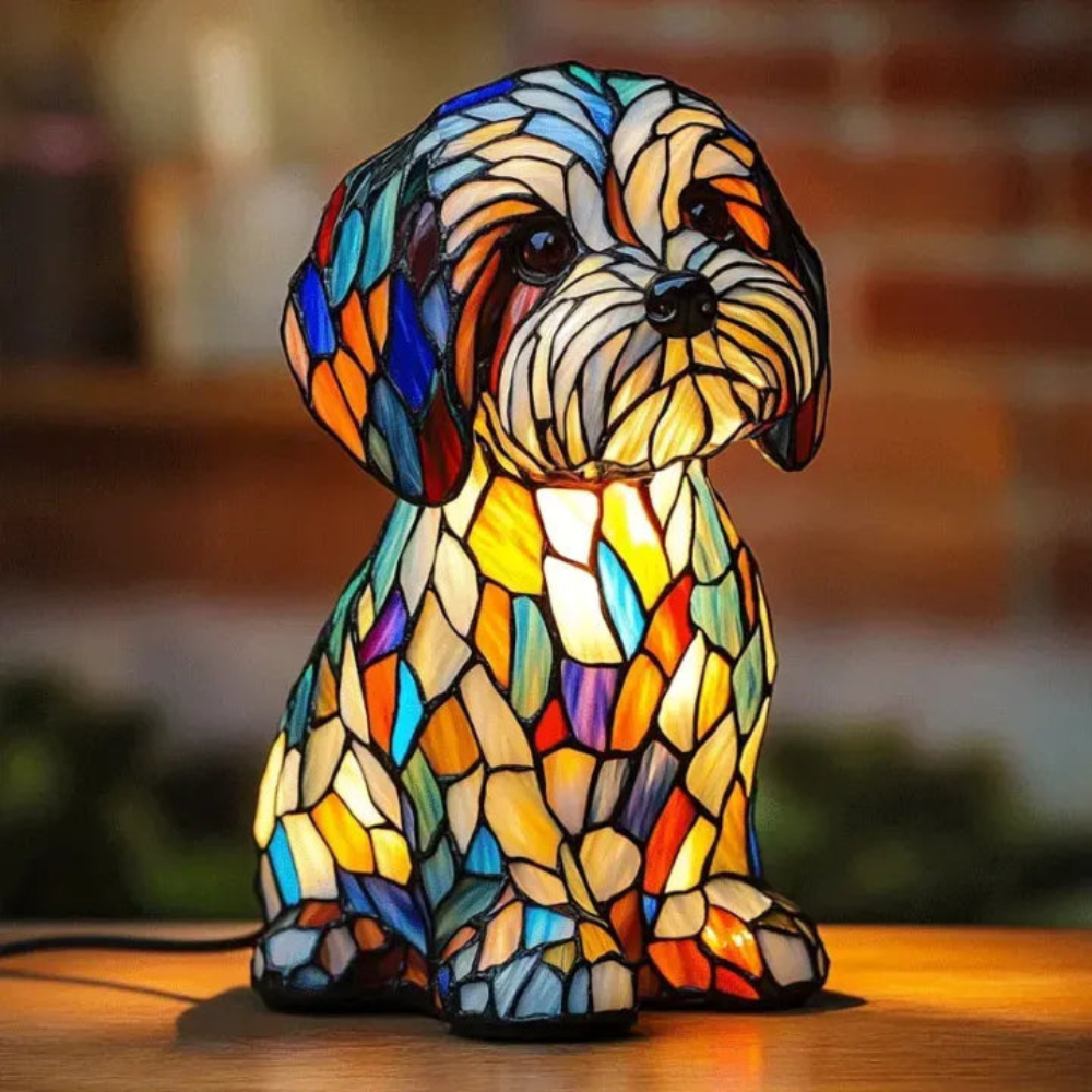 Tiffany Hund Lampe – Tischlampe aus Buntglas | LED Dekolampe für Wohnzimmer & Geschenkidee
