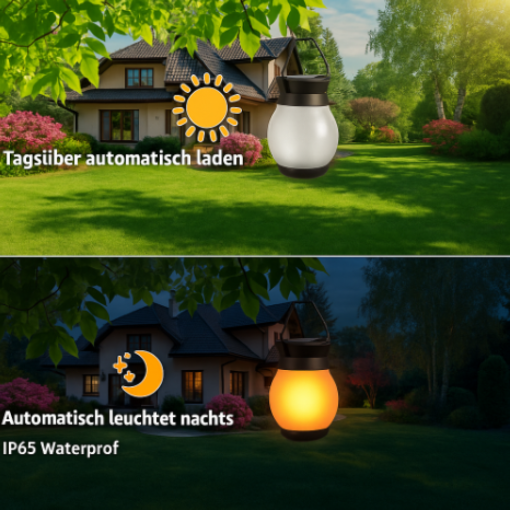 Solar LED Gartenlaterne mit Flammeneffekt – Outdoor Laterne für Terrasse & Balkon – 2 Beleuchtungsmodi (Flicker & Dauerlicht) – Wetterfest & Wiederaufladbar – Deko Lampe für Außenbereich