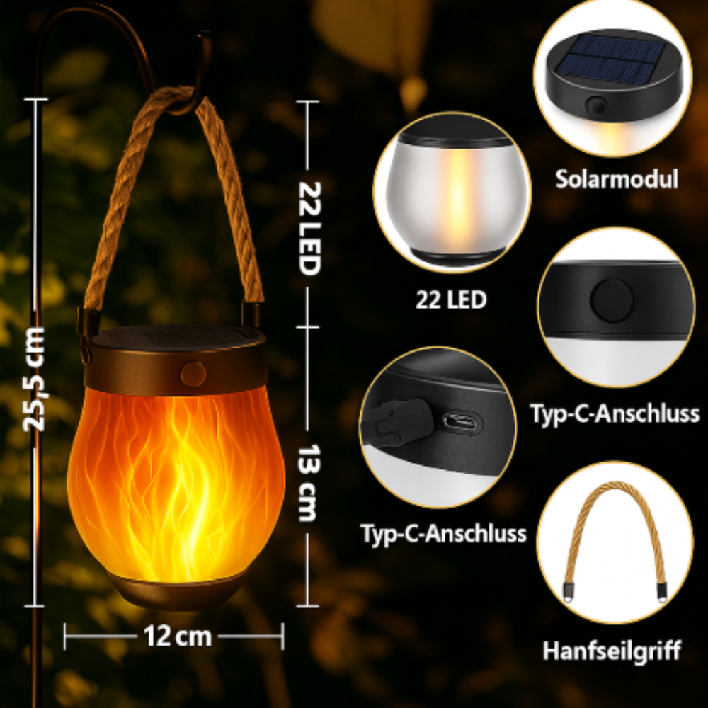 Solar LED Gartenlaterne mit Flammeneffekt – Outdoor Laterne für Terrasse & Balkon – 2 Beleuchtungsmodi (Flicker & Dauerlicht) – Wetterfest & Wiederaufladbar – Deko Lampe für Außenbereich