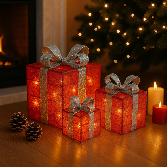 LED Geschenkbox Set Weihnachten – Leuchtende Weihnachtsdekoration für innen | 3er Set Geschenkpakete mit warmweißen LEDs