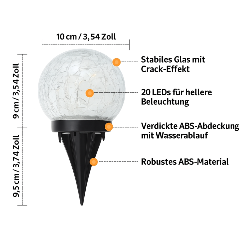 Solar LED Gartenkugelleuchte – Crack-Glas Design, 20 LEDs, wasserdicht & robust für Außenbereich