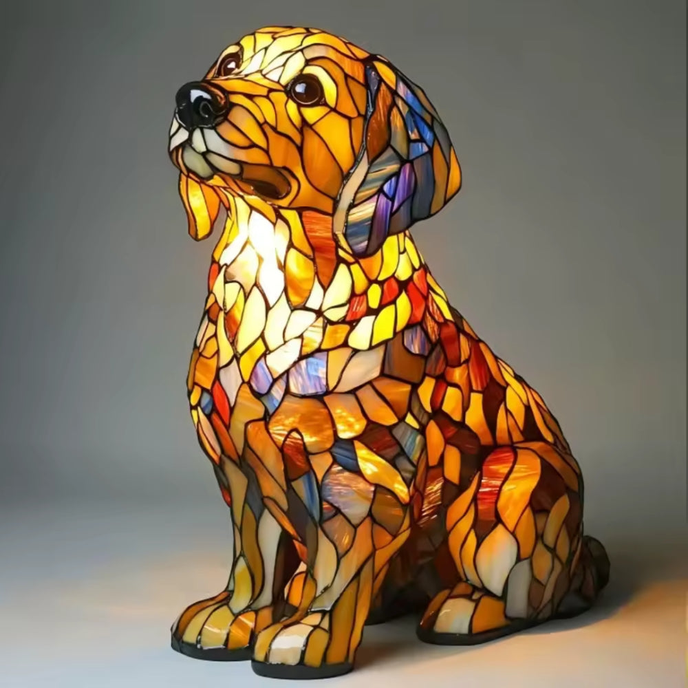 Tiffany Hund Lampe – Tischlampe aus Buntglas | LED Dekolampe für Wohnzimmer & Geschenkidee
