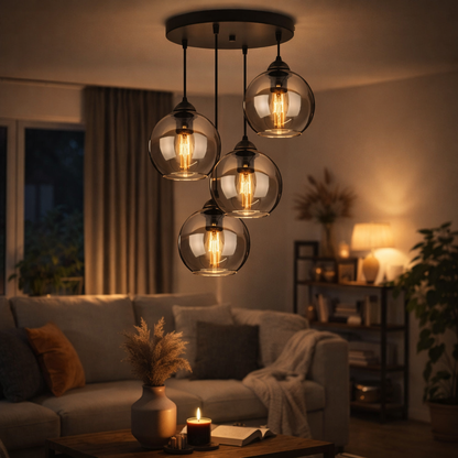 Moderne Glas Pendelleuchte E27 – Nordic Hängeleuchte mit 4 Kugel-Lampenschirmen – Deckenlampe für Esszimmer, Wohnzimmer & Küche
