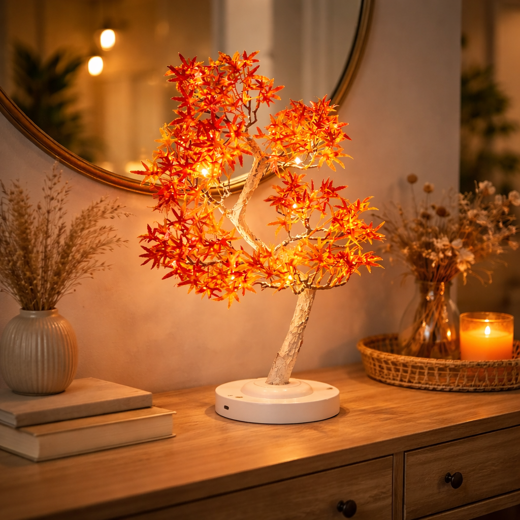LED Ahornbaum Tischlampe – Herbst Deko Baum mit warmweißem Licht, flexible Zweige, Innen & Außen