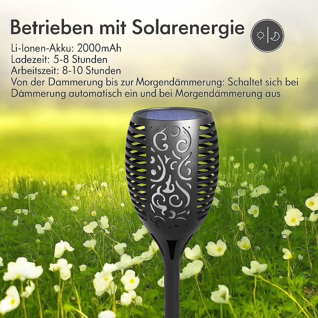 Solar Gartenfackel LED mit Flammen-Effekt | Solarleuchte Außen für Garten & Terrasse | IP65 Wasserdicht Deko Lampe