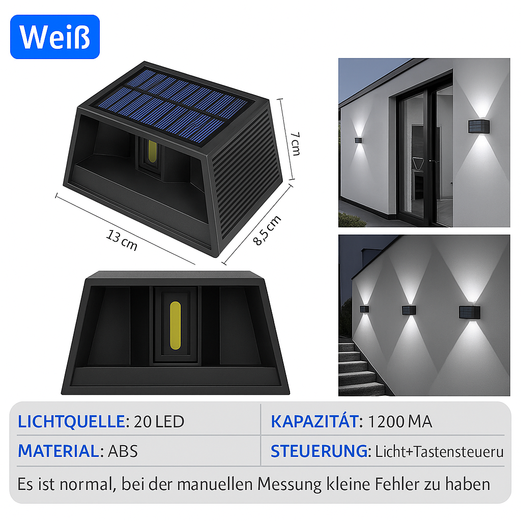 Solar Wandleuchte Außen – Kabellose LED Solar Lampe für Garten & Terrasse – Energiesparende Außenbeleuchtung mit Solarpanel
