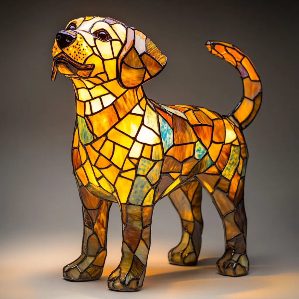 Tiffany Hund Lampe – Tischlampe aus Buntglas | LED Dekolampe für Wohnzimmer & Geschenkidee