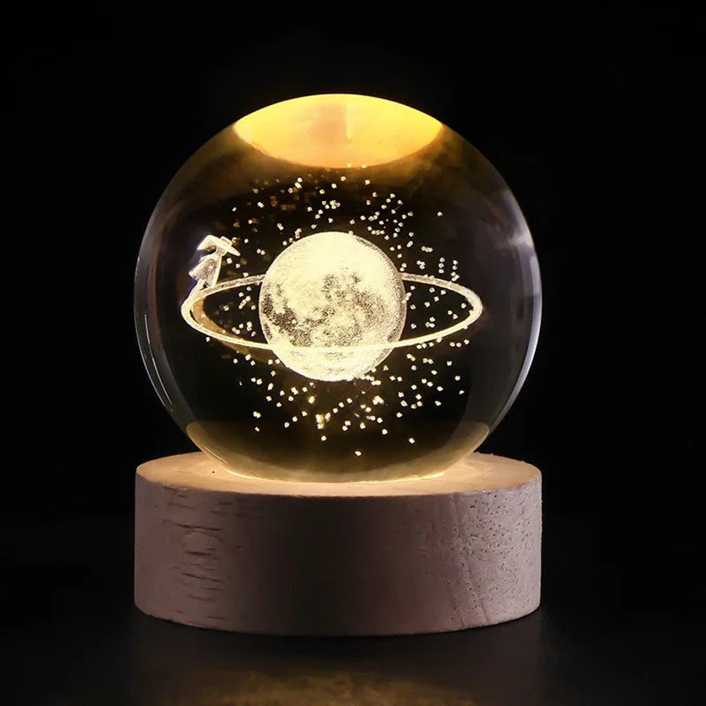 3D Kristall Kugel LED Nachtlicht – Planet Lampe mit USB, Warmweiß, Geschenk & Deko Licht