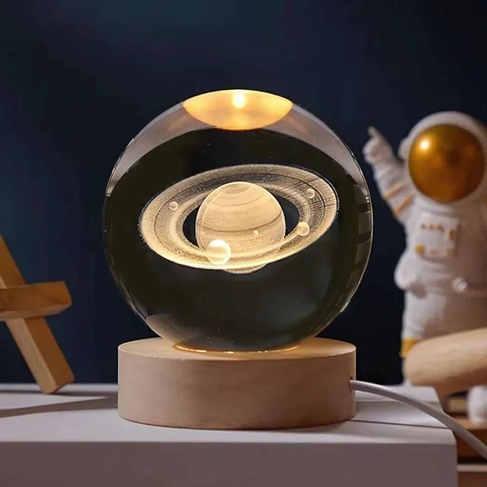 3D Kristall Kugel LED Nachtlicht – Planet Lampe mit USB, Warmweiß, Geschenk & Deko Licht
