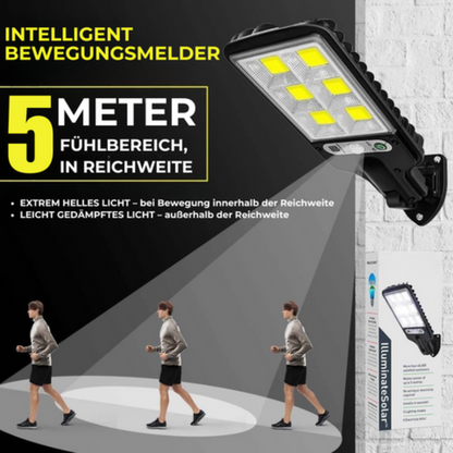 Solar LED Außenlampe mit Bewegungsmelder – Solarstrahler IP65, Außenwandleuchte mit Fernbedienung, Gartenbeleuchtung für Terrasse, Einfahrt & Hof