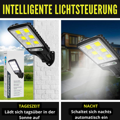 Solar LED Außenlampe mit Bewegungsmelder – Solarstrahler IP65, Außenwandleuchte mit Fernbedienung, Gartenbeleuchtung für Terrasse, Einfahrt & Hof