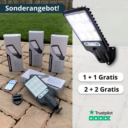 Solar LED Außenlampe mit Bewegungsmelder – Solarstrahler IP65, Außenwandleuchte mit Fernbedienung, Gartenbeleuchtung für Terrasse, Einfahrt & Hof