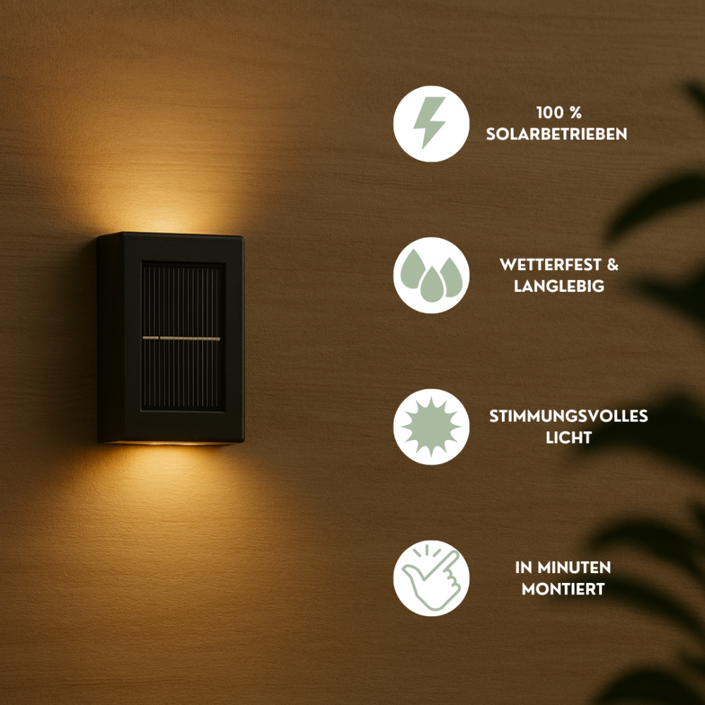 Solar LED Außen-Wandleuchte – Wetterfeste Gartenlampe mit warmweißem Licht