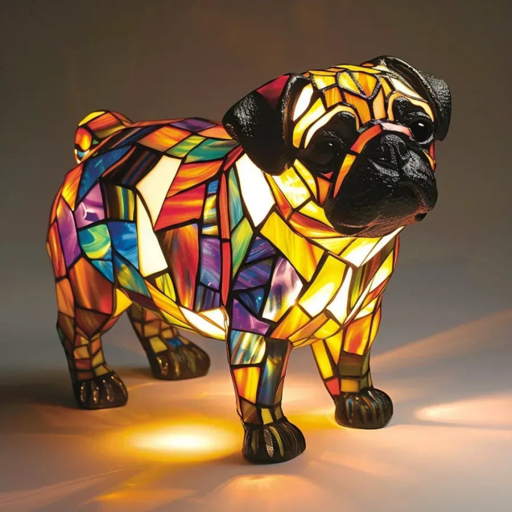 Tiffany Hund Lampe – Tischlampe aus Buntglas | LED Dekolampe für Wohnzimmer & Geschenkidee