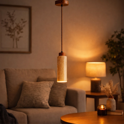 Designer Pendelleuchte aus Naturstein & Holz – E27 Hängelampe Marmor, Höhenverstellbar, Modernes Wohnlicht