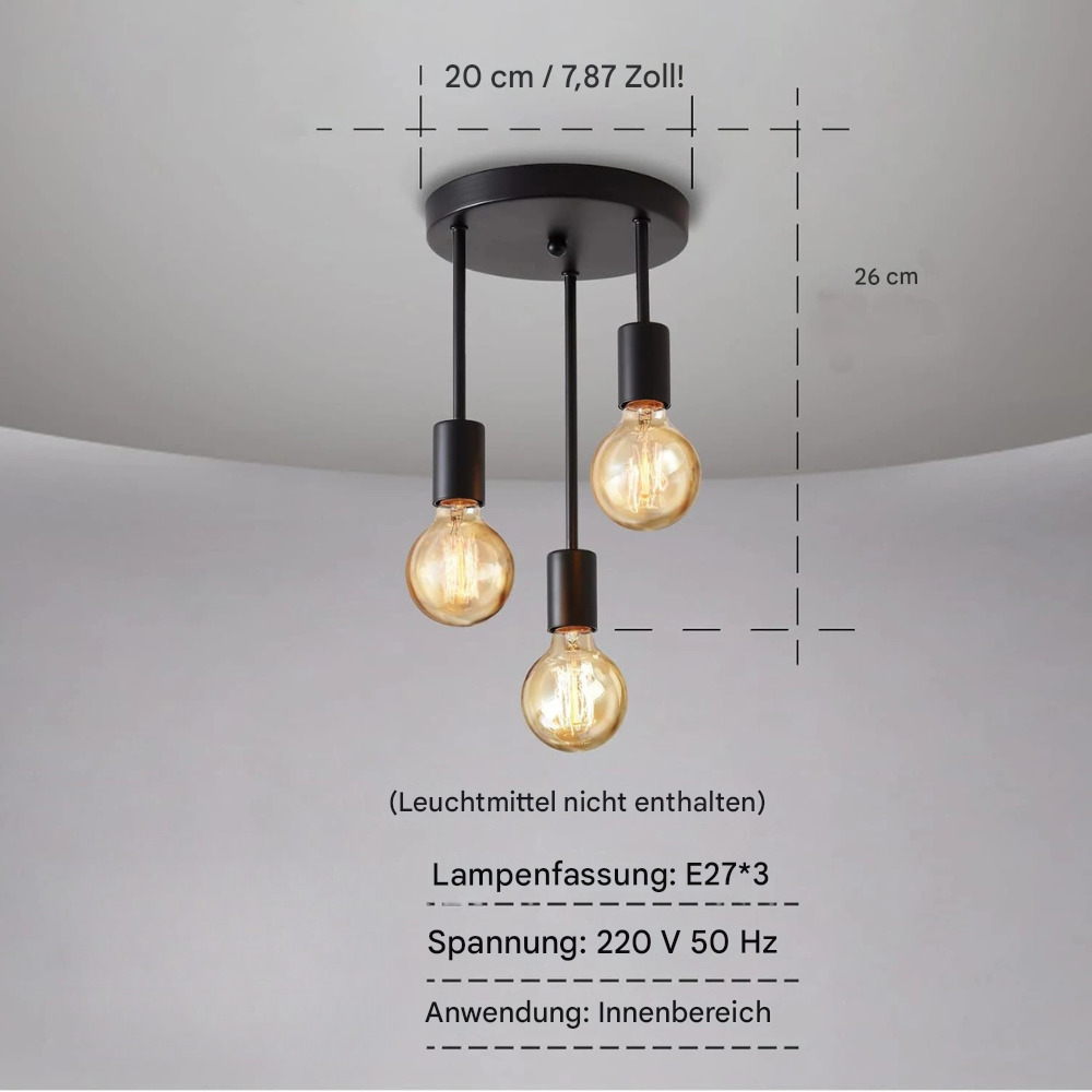 Moderne Deckenleuchte E27 – 3-flammige Pendelleuchte im Industrial Vintage Design – Schwarze Deckenlampe für Wohnzimmer & Esszimmer