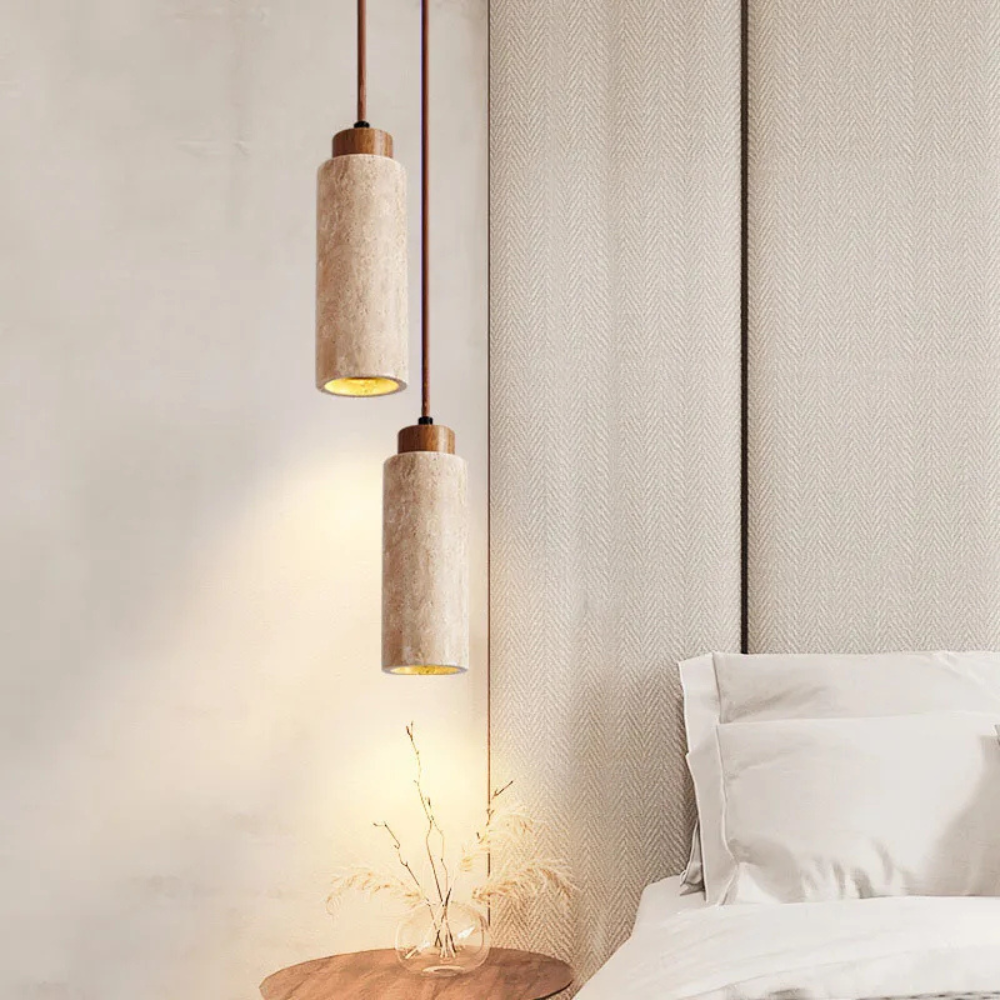 Designer Pendelleuchte aus Naturstein & Holz – E27 Hängelampe Marmor, Höhenverstellbar, Modernes Wohnlicht