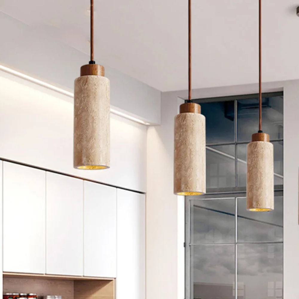 Designer Pendelleuchte aus Naturstein & Holz – E27 Hängelampe Marmor, Höhenverstellbar, Modernes Wohnlicht