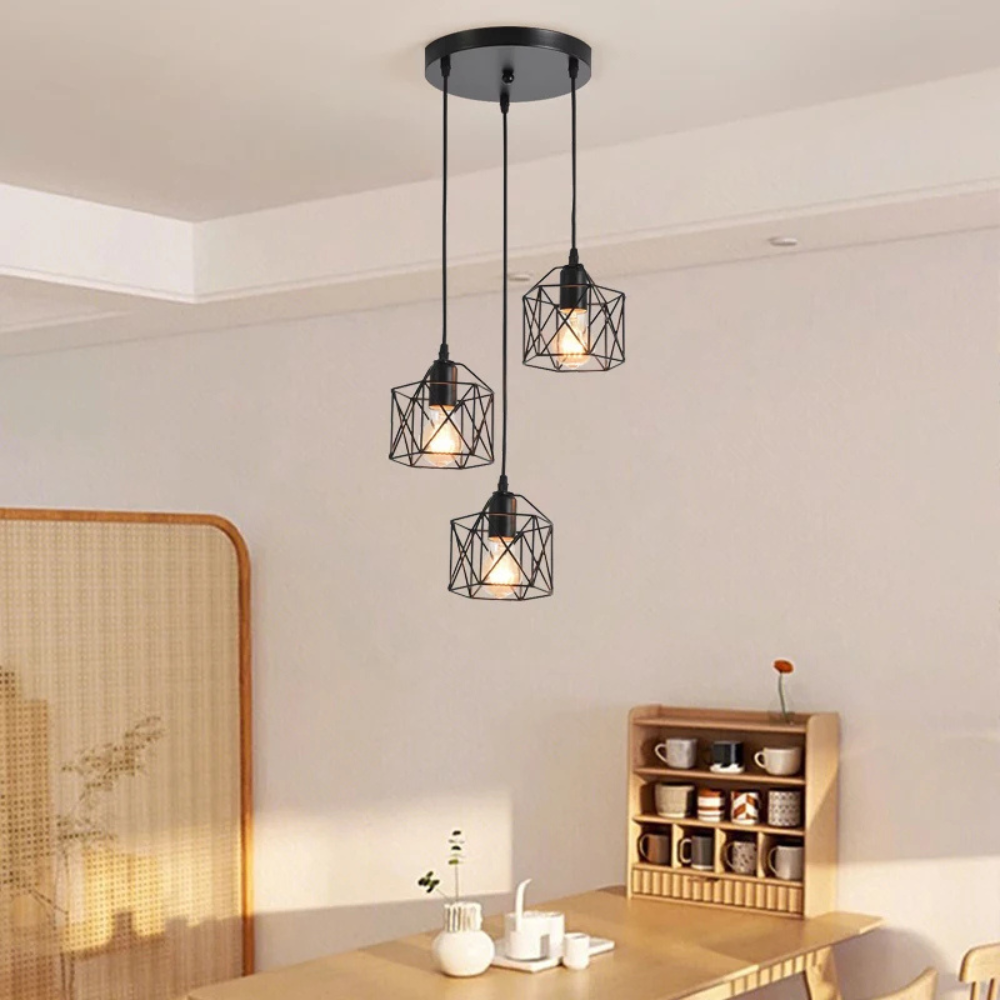 Vintage Pendelleuchte 3-flammig Schwarz – Industrielle Hängelampe aus Metall mit E27 Fassung für Wohnzimmer & Esszimmer