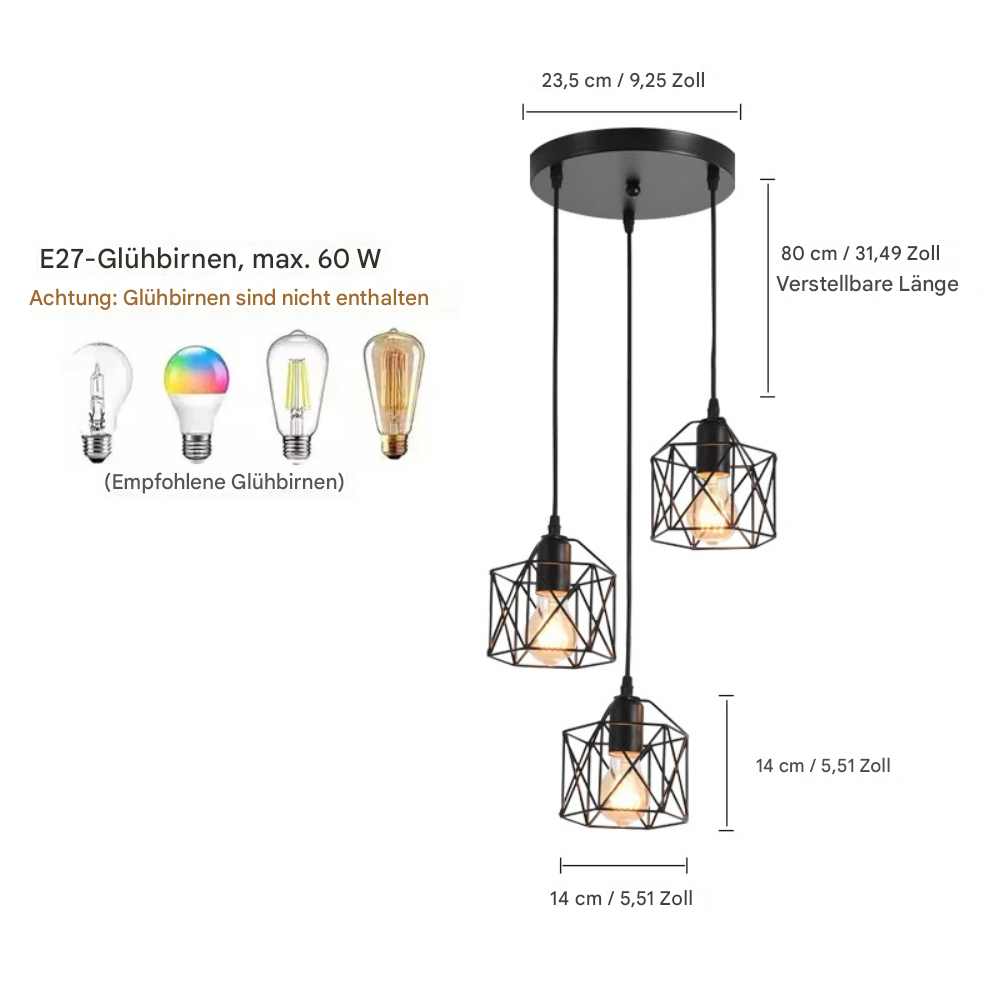 Vintage Pendelleuchte 3-flammig Schwarz – Industrielle Hängelampe aus Metall mit E27 Fassung für Wohnzimmer & Esszimmer