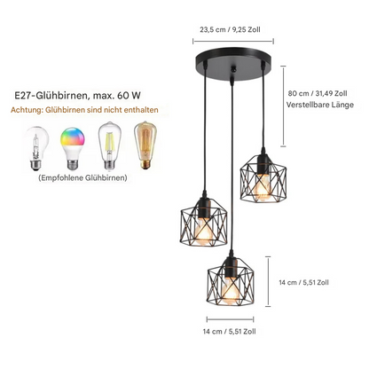 Vintage Pendelleuchte 3-flammig Schwarz – Industrielle Hängelampe aus Metall mit E27 Fassung für Wohnzimmer & Esszimmer