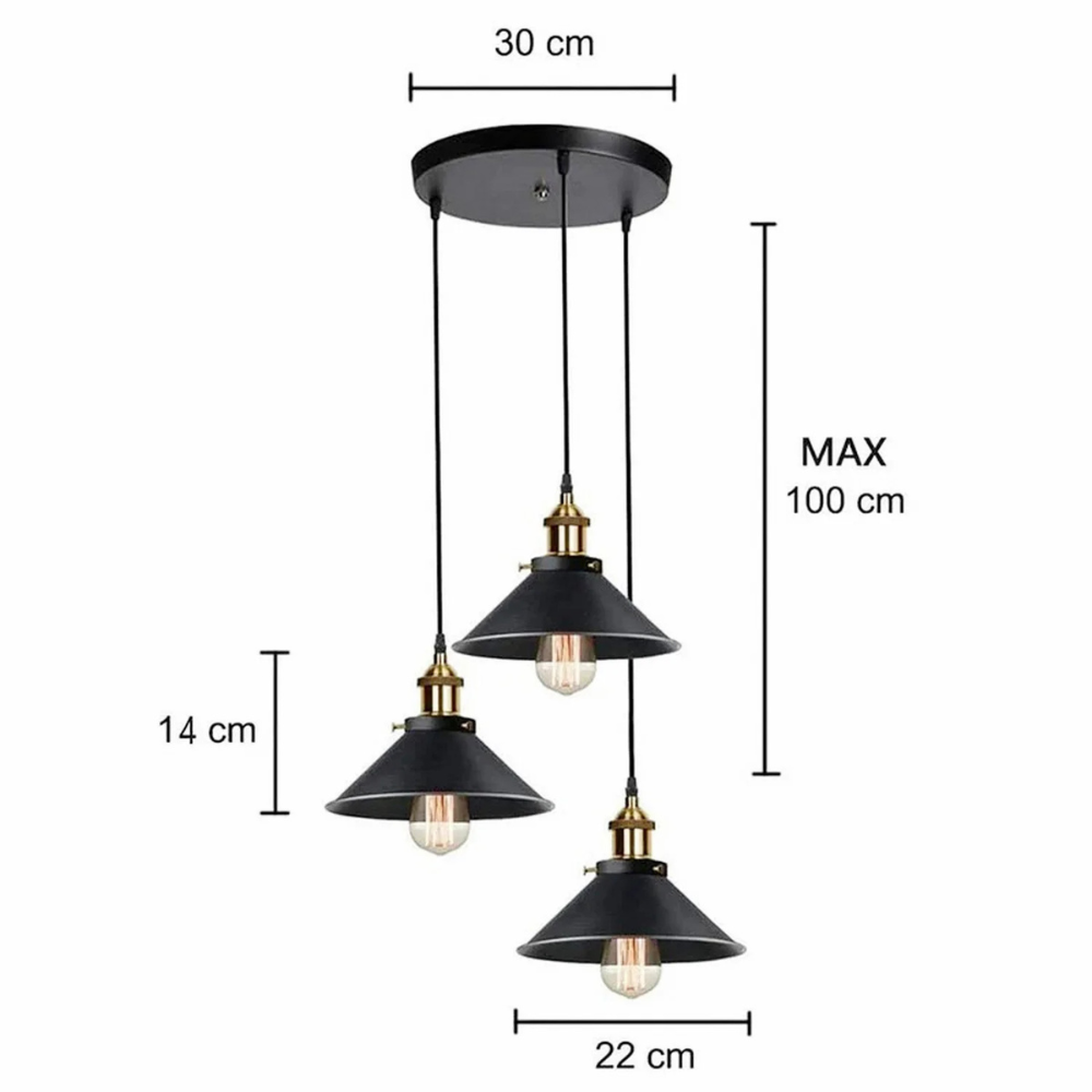 Vintage Pendelleuchte 3-flammig Schwarz – E27 Hängelampe aus Metall, Industrial Deckenleuchte für Küche & Esszimmer