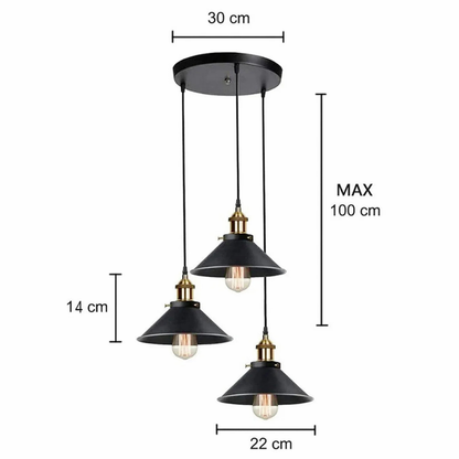Vintage Pendelleuchte 3-flammig Schwarz – E27 Hängelampe aus Metall, Industrial Deckenleuchte für Küche & Esszimmer