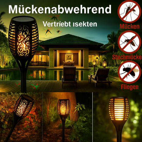 Solar Gartenfackel LED mit Flammen-Effekt | Solarleuchte Außen für Garten & Terrasse | IP65 Wasserdicht Deko Lampe