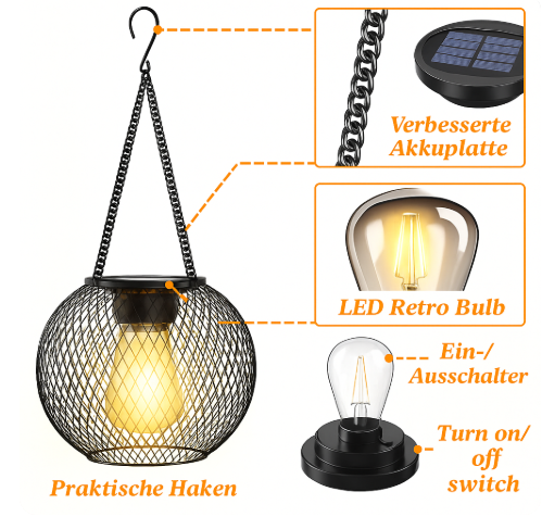 Solar Gartenlaterne LED – Solar Hängelampe für Außen mit warmweißem Licht | Automatisches Ein/Aus & Wetterfest