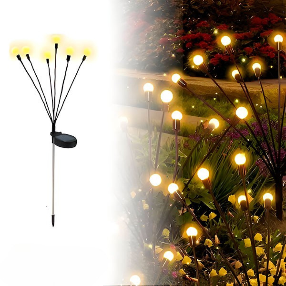 LED Solar Gartenstecker mit 6-Lichter-Blütenkopf, Außen-Gartenlampe 75 cm – Warmweiß, Kabellos, Energieeffizient